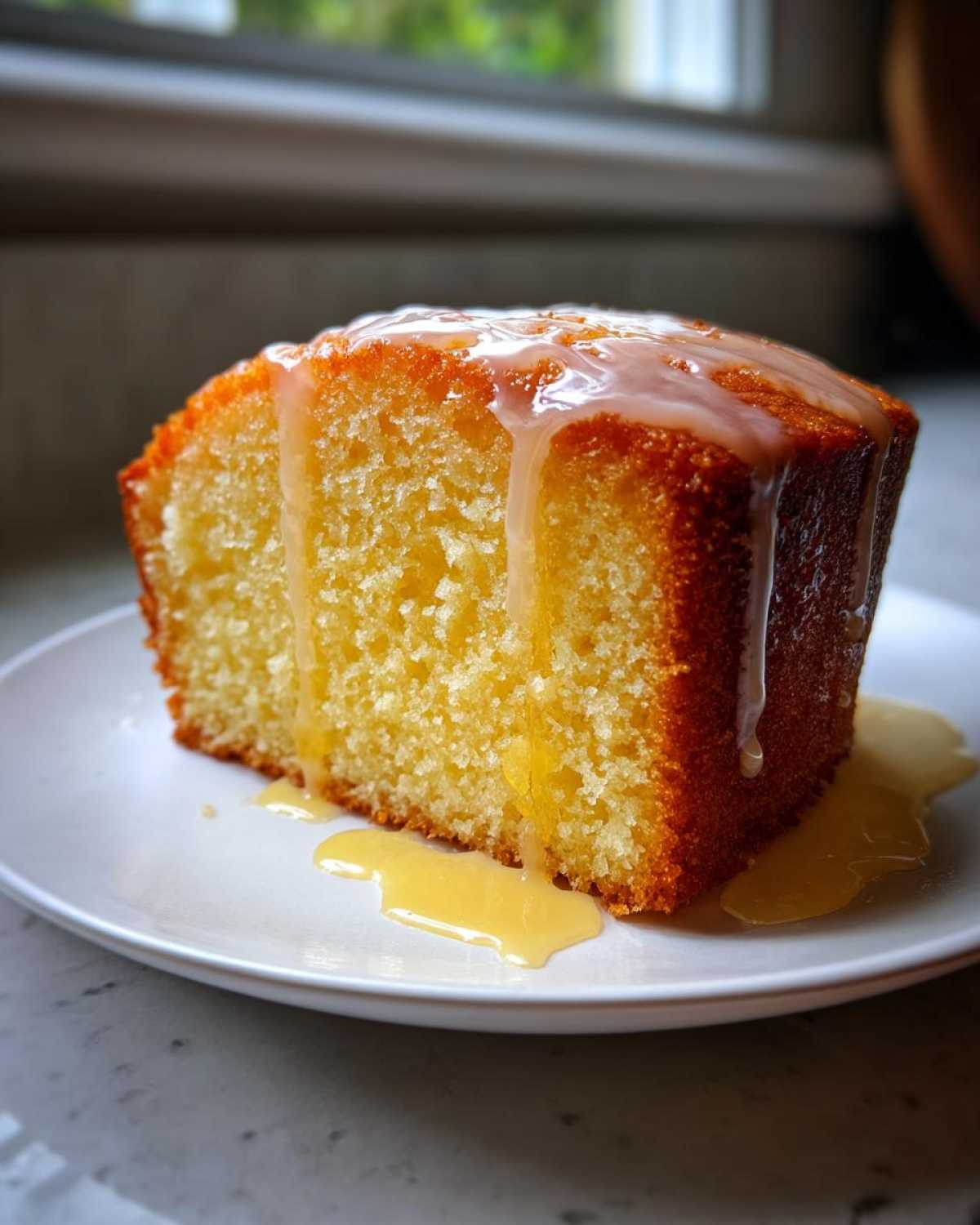 A close-up of a moist slice of lemon pound cake topped with a thick, dripping lemon glaze.