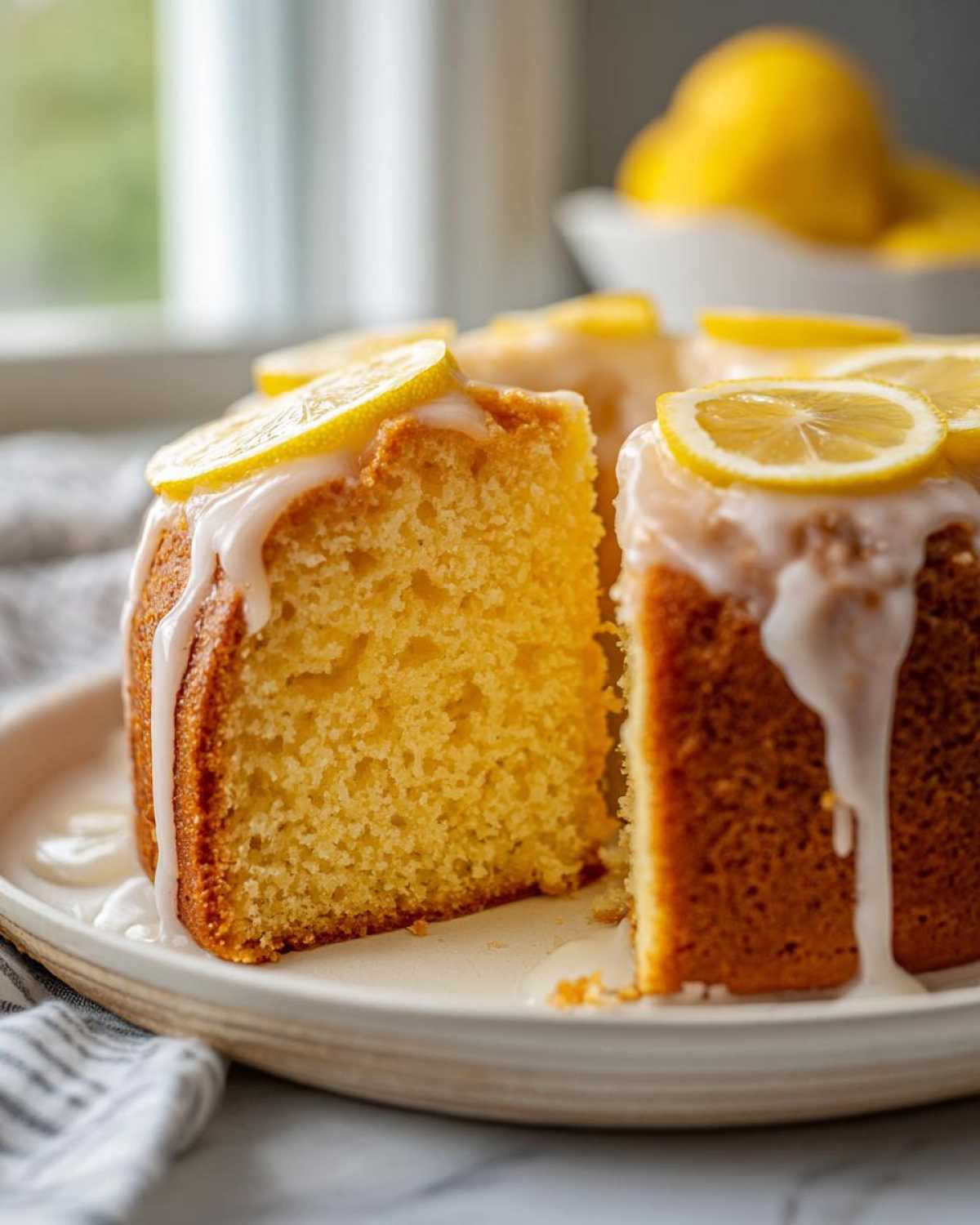 Close-up of a moist lemon pound cake slice topped with white glaze and fresh lemon slices.
