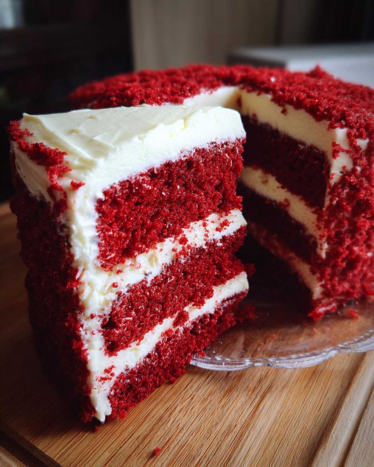 A thick, moist slice of red velvet cake with three layers, stacked high with white cream cheese frosting.