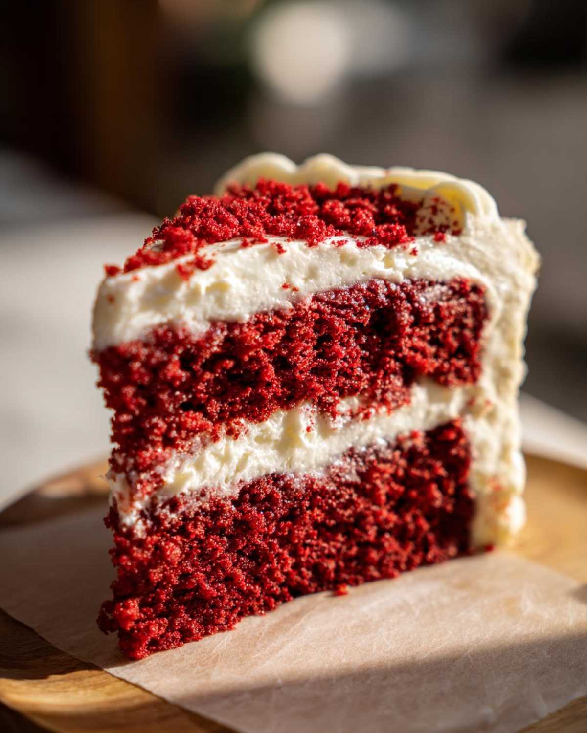 Close-up of a decadent slice of red velvet cake showing two layers of deep red cake and white cream cheese frosting.