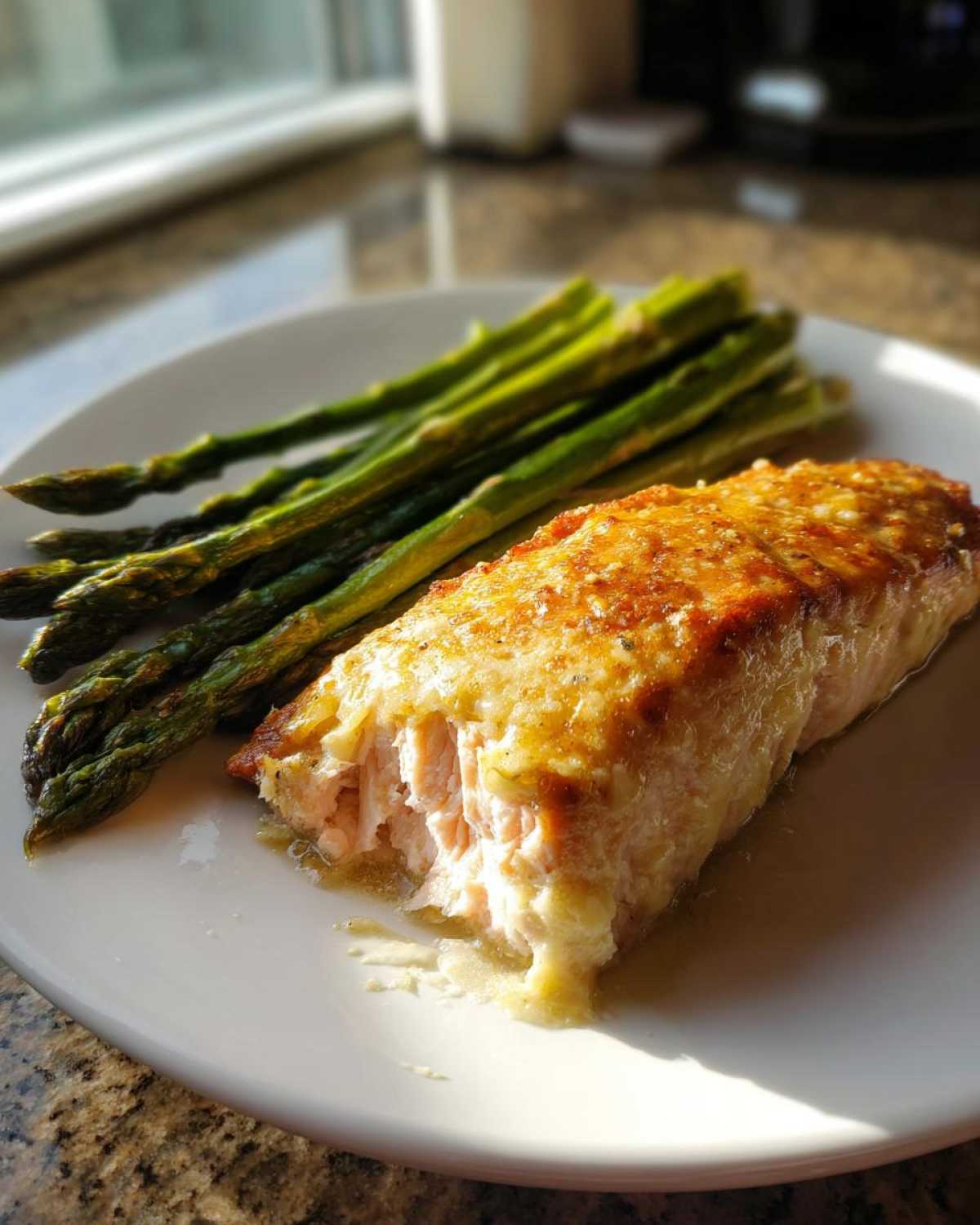 Close-up of a perfectly cooked, moist salmon recipe fillet with a golden crust, served alongside bright green asparagus on a white plate.