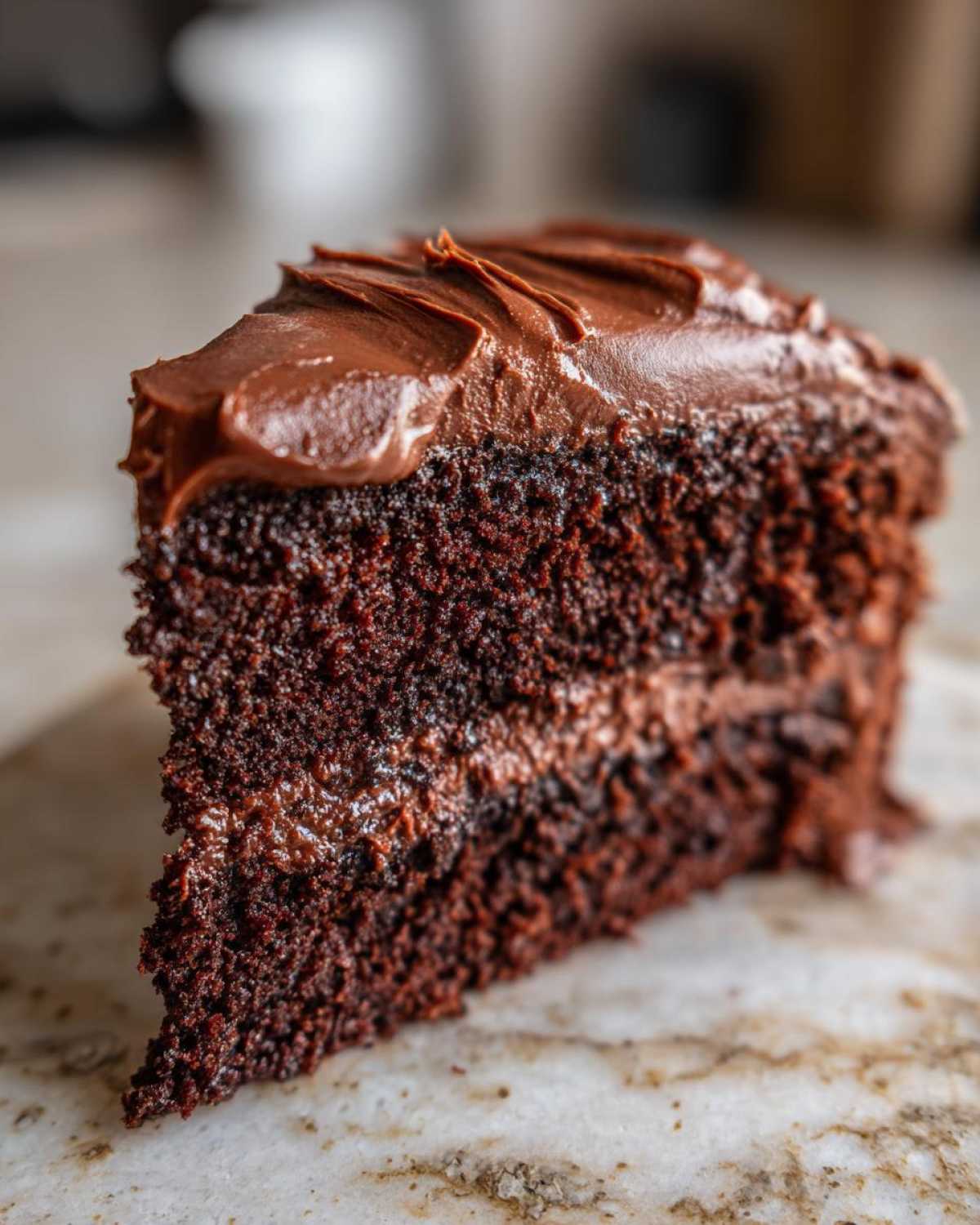 Close-up of a rich, moist slice of homemade chocolate cake layered and topped with dark chocolate frosting.