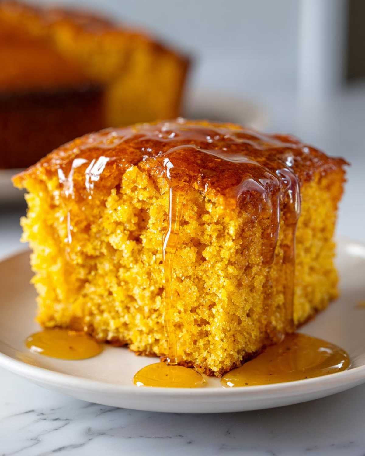 Close-up of a square slice of moist sweet potato cornbread topped with thick honey dripping down the sides.