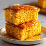 Two stacked squares of moist sweet potato cornbread drizzled generously with golden honey.
