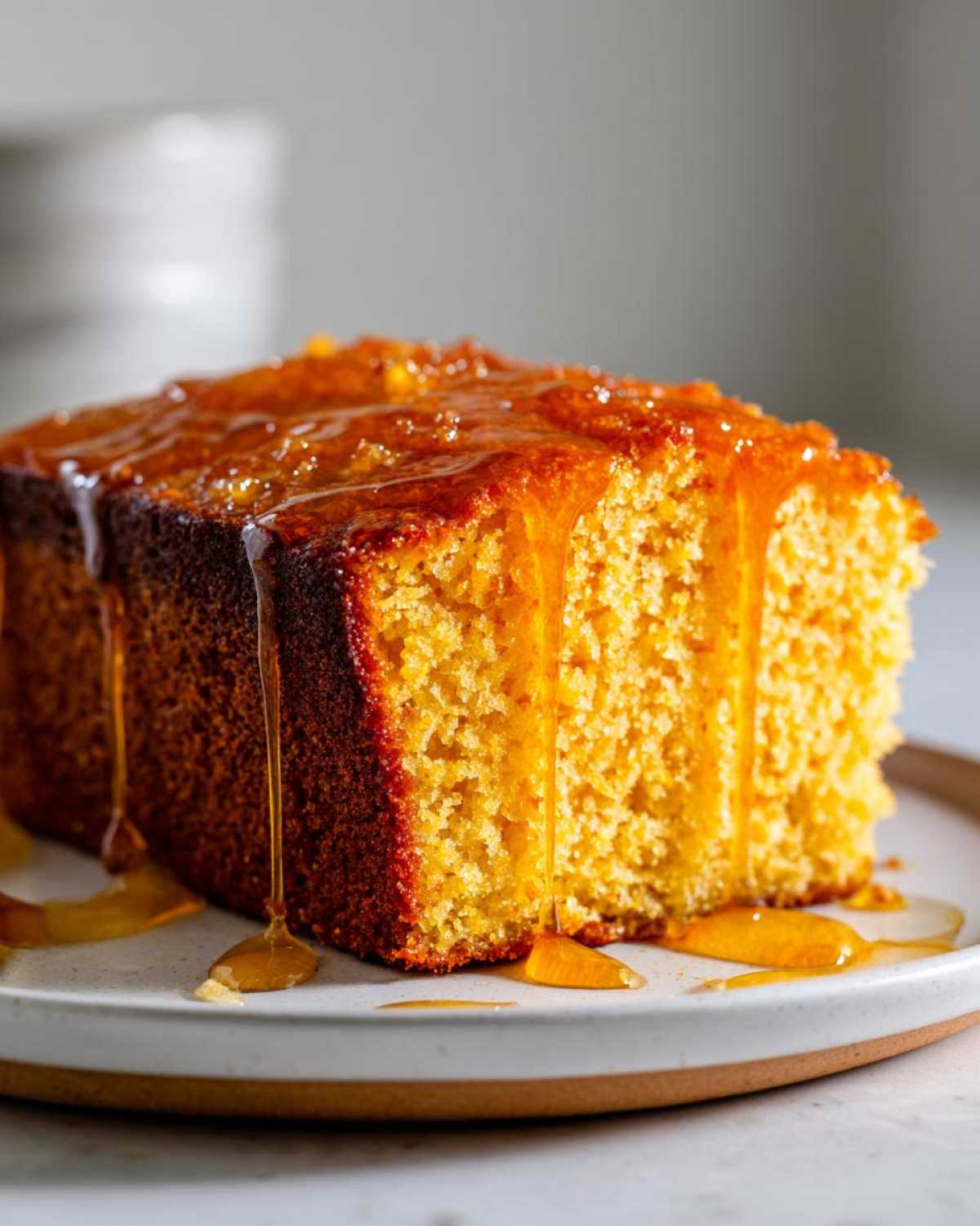 Close-up of a thick slice of moist sweet potato cornbread topped with a glossy glaze or honey dripping down the sides.