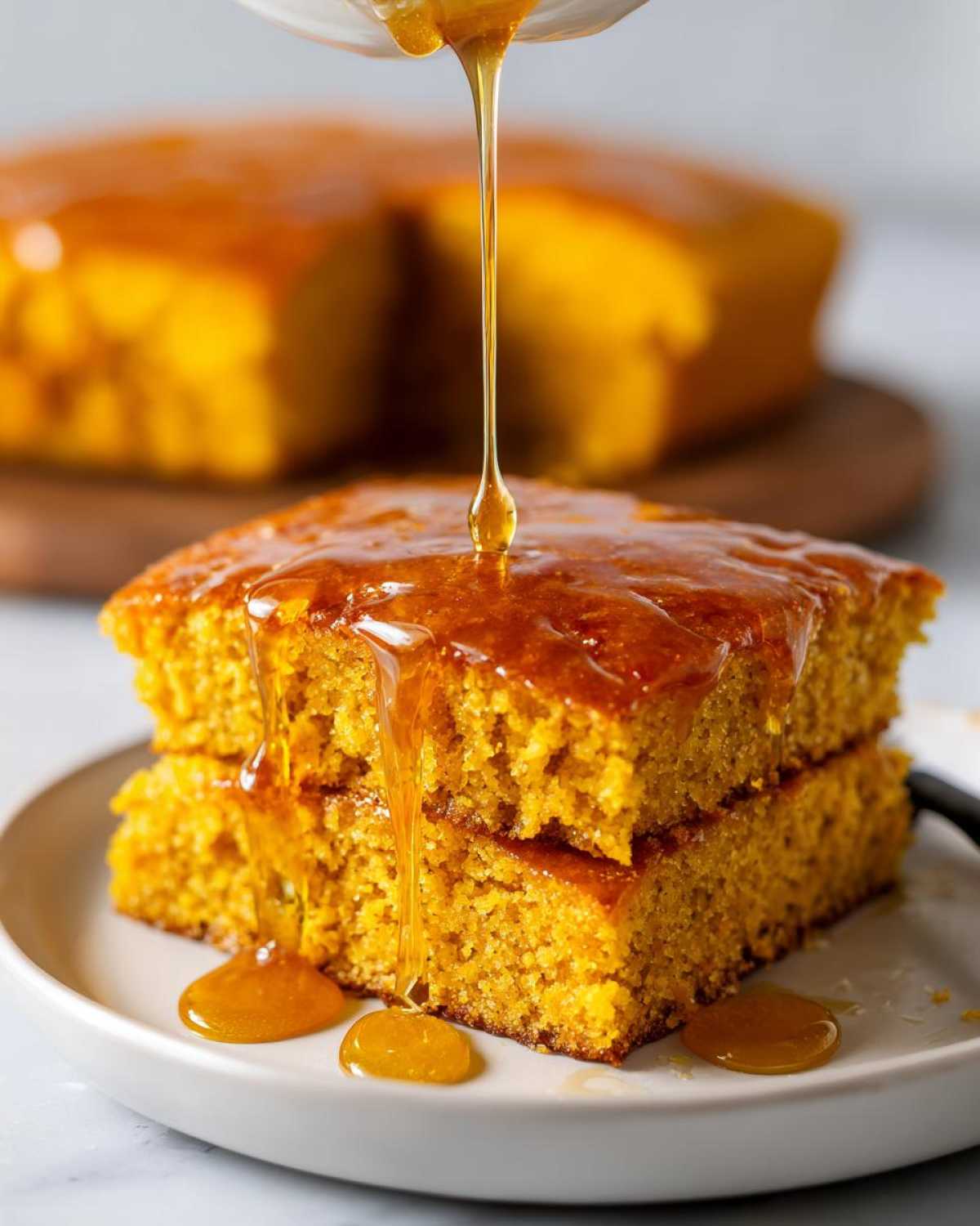 Two stacked squares of moist sweet potato cornbread being drizzled heavily with golden honey.