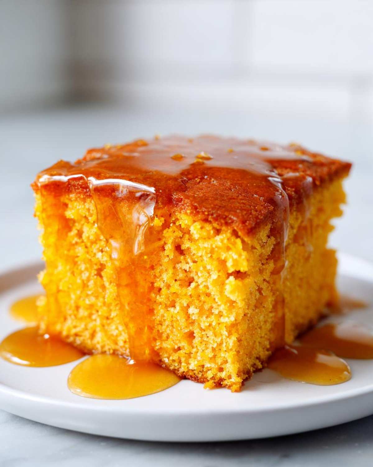 Close-up of a moist, orange slice of sweet potato cornbread drizzled generously with golden syrup or glaze.