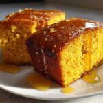 Two moist slices of bright orange sweet potato cornbread drizzled generously with a shiny amber glaze.
