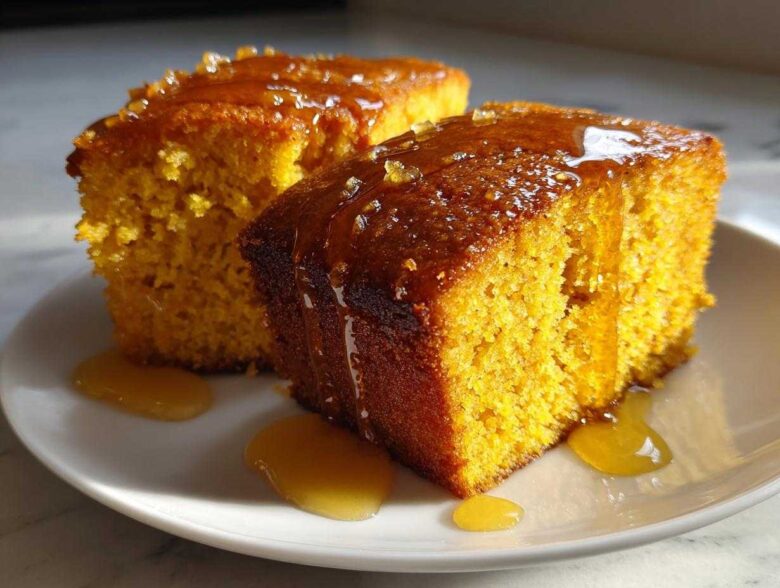 Two moist slices of bright orange sweet potato cornbread drizzled generously with a shiny amber glaze.