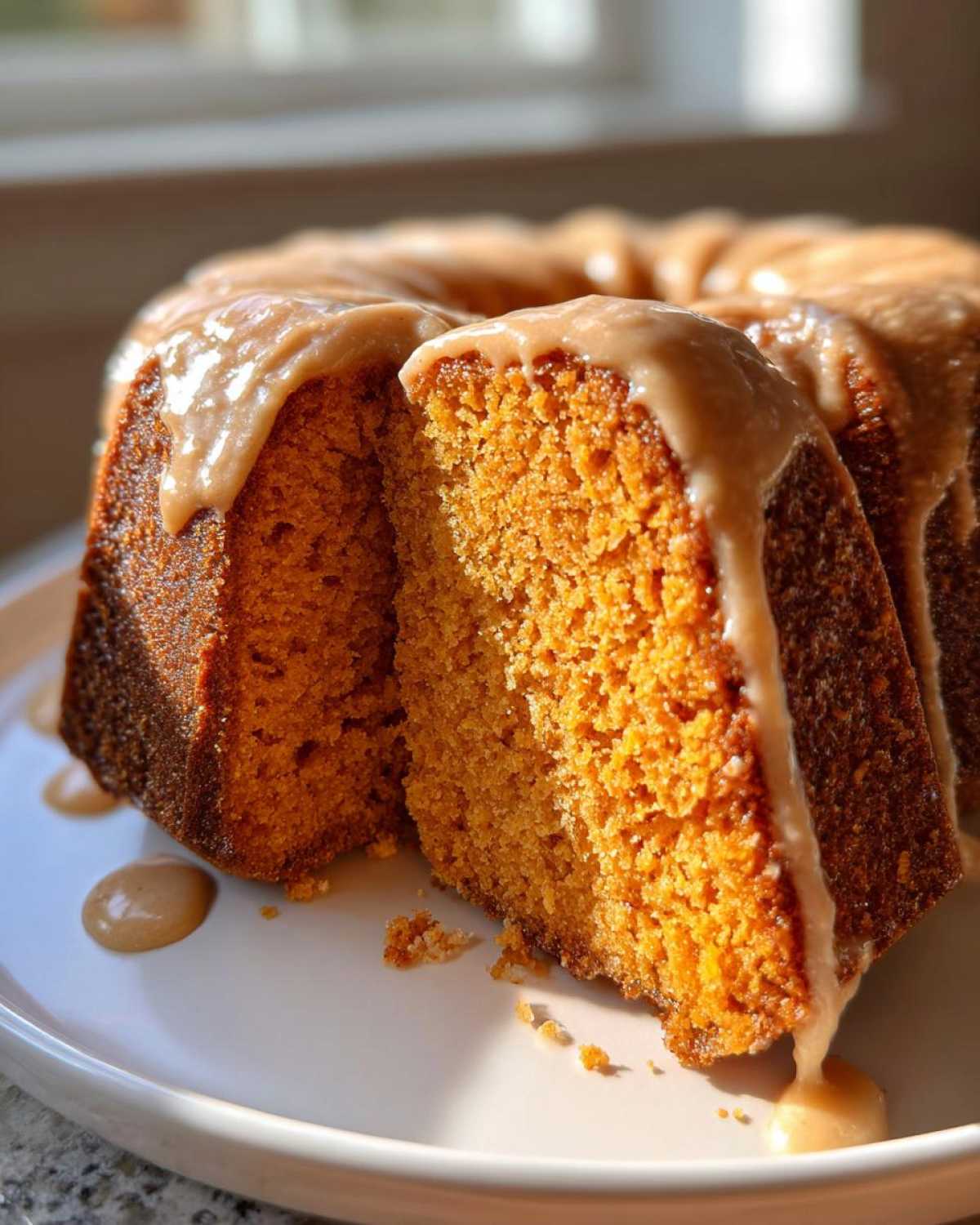 A slice cut from a moist sweet potato pound cake topped with a thick, dripping caramel-colored glaze.