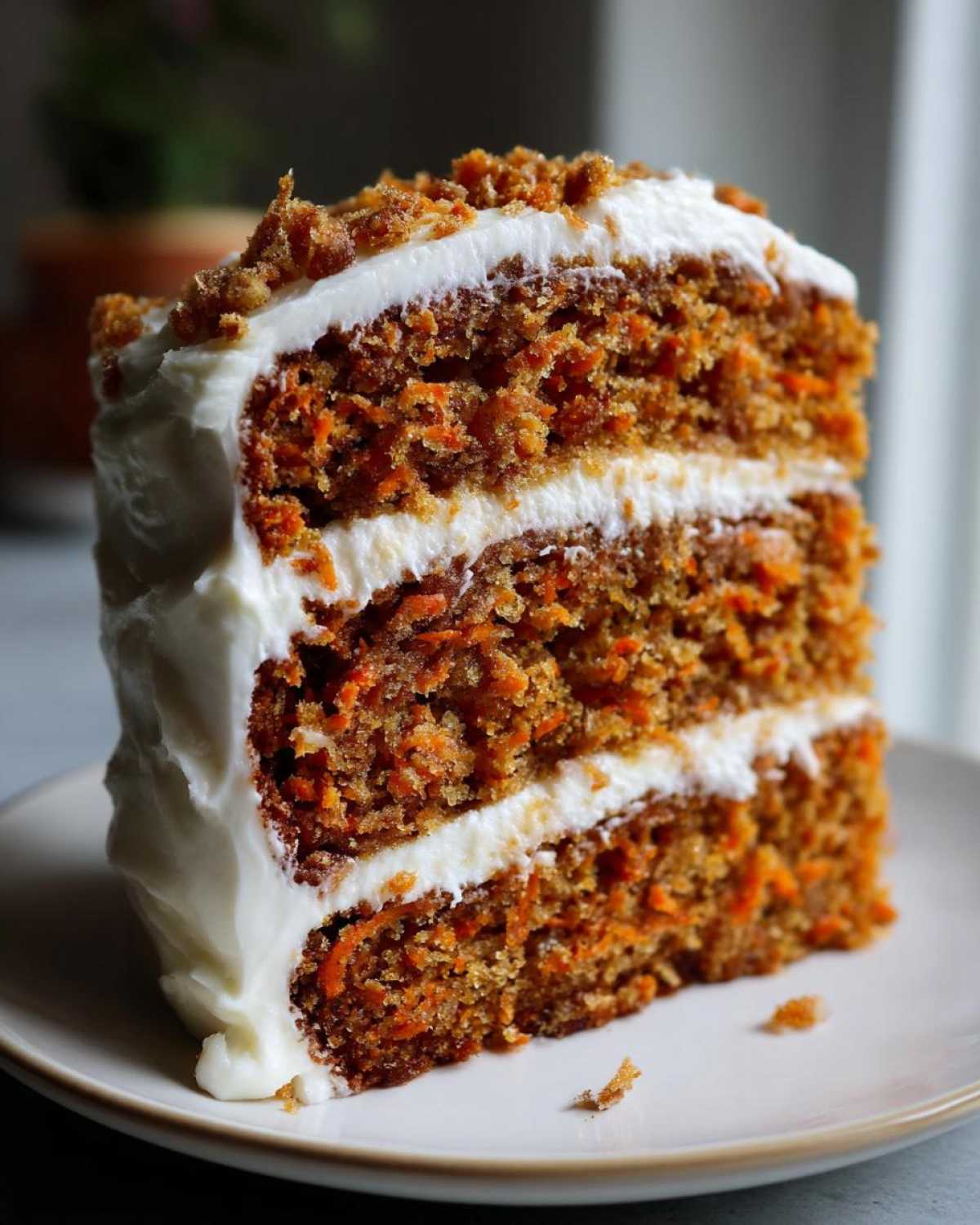 Close-up of a moist, three-layer carrot cake slice with thick cream cheese frosting.
