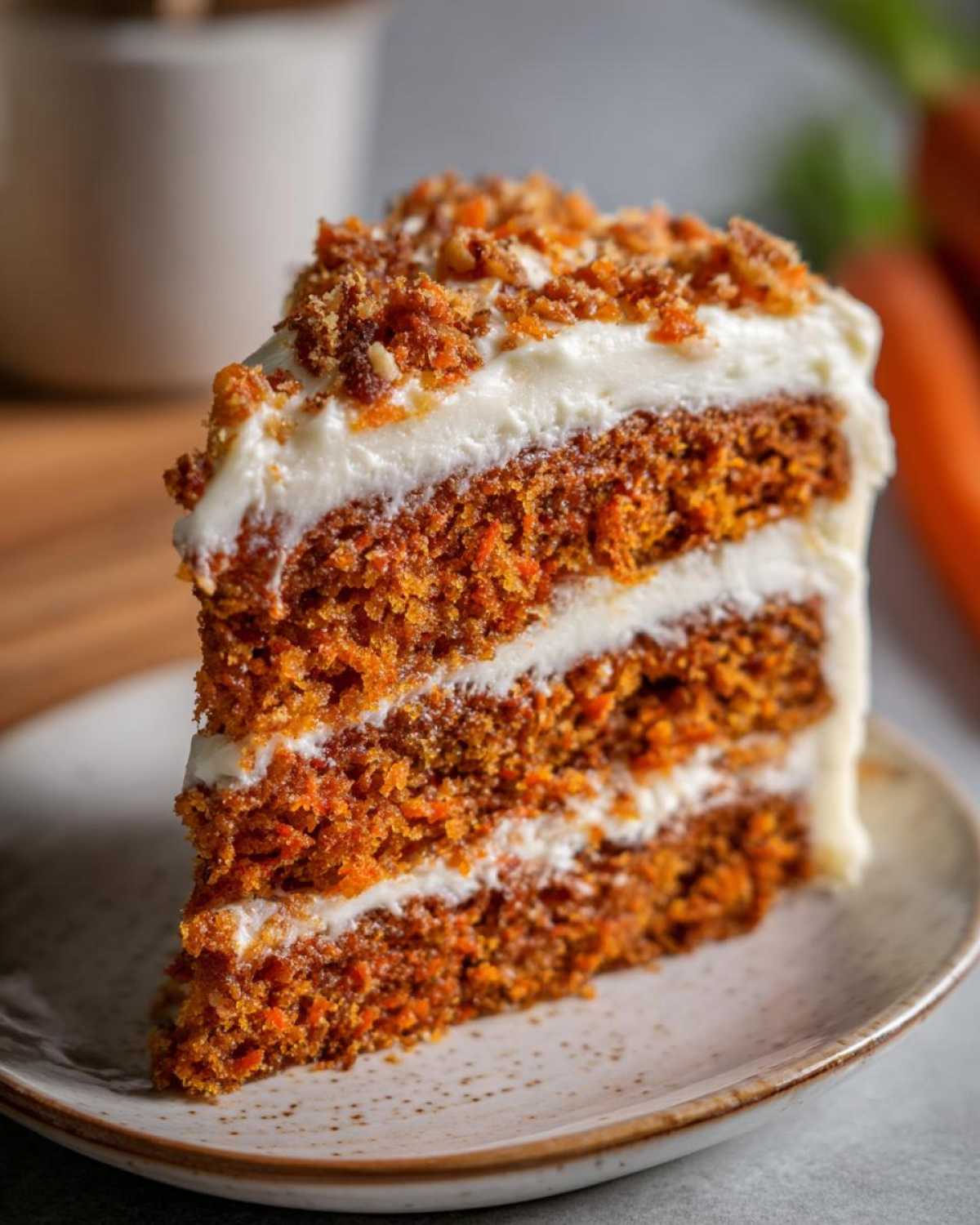 Close-up of a moist, three-layer carrot cake slice with thick cream cheese frosting and nut topping.