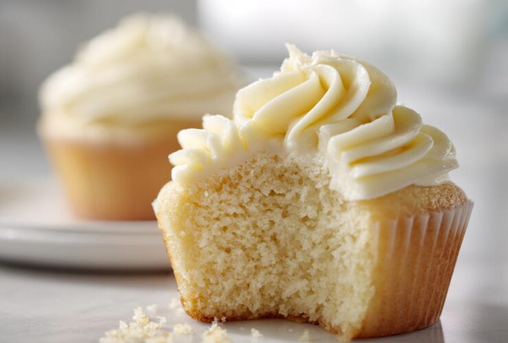 Close-up of a vanilla cupcakes with a bite taken out, showing the moist crumb and swirl of vanilla frosting.