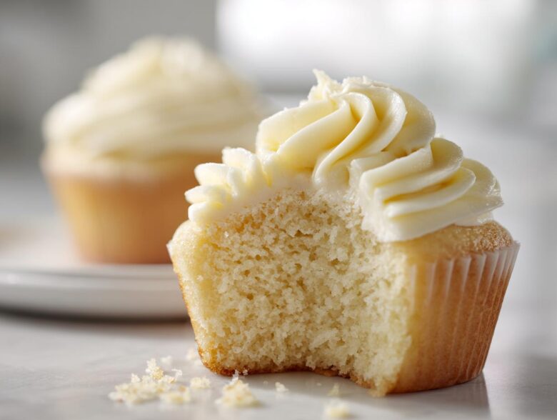 Close-up of a vanilla cupcakes with a bite taken out, showing the moist crumb and swirl of vanilla frosting.