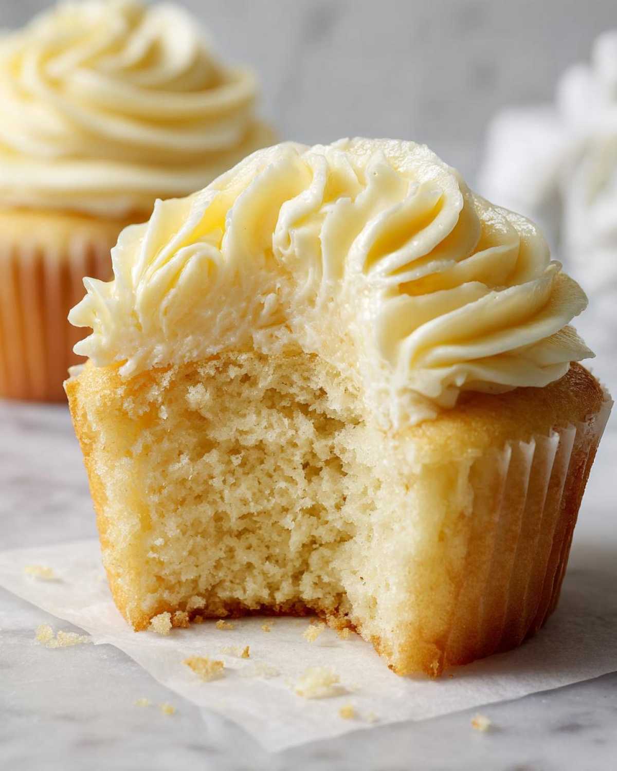 Close-up of a vanilla cupcakes with a bite taken out, revealing the moist crumb and creamy vanilla frosting.