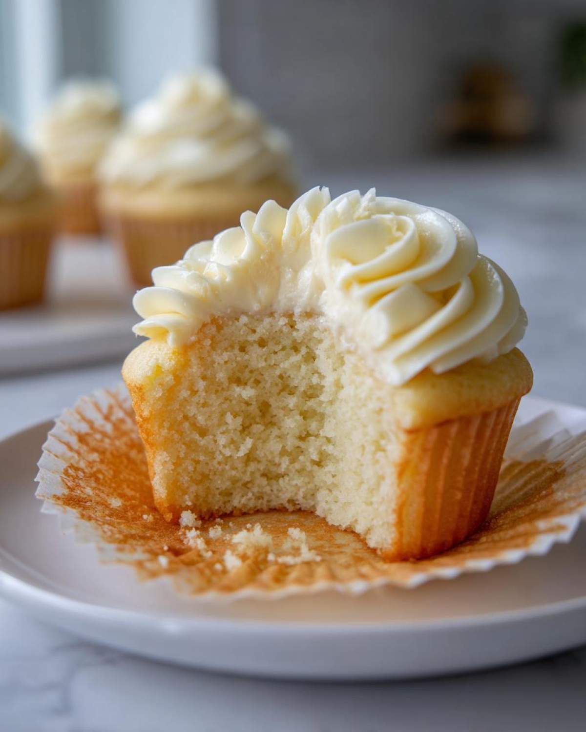 Close-up of a vanilla cupcake with a bite taken out, showing the moist crumb and swirl of white frosting.