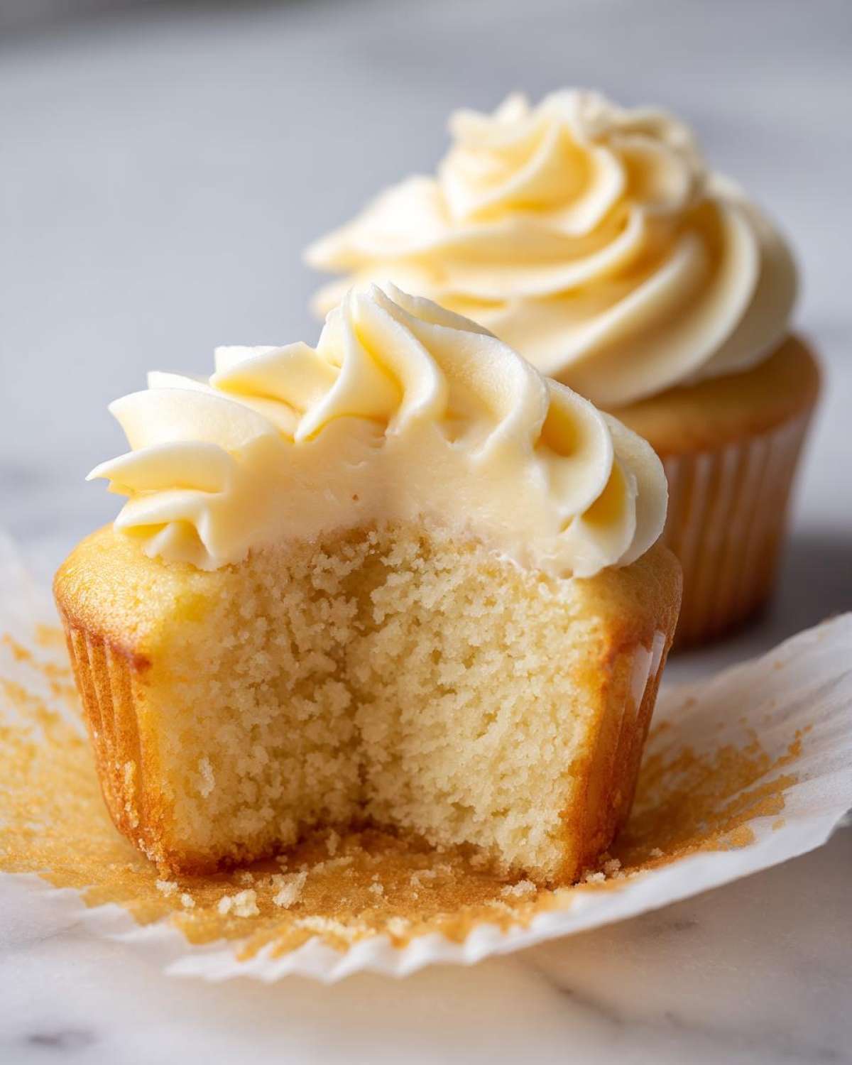 Close-up of a vanilla cupcake with a bite taken out, showing the moist crumb and creamy frosting of the amazing vanilla cupcakes.