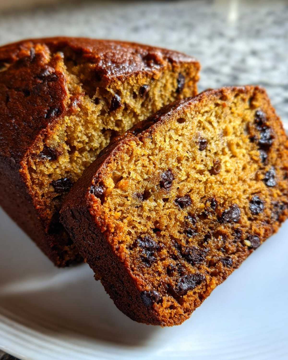 Close-up of two thick slices of moist vegan banana bread studded with chocolate chips, showing a rich brown crumb.