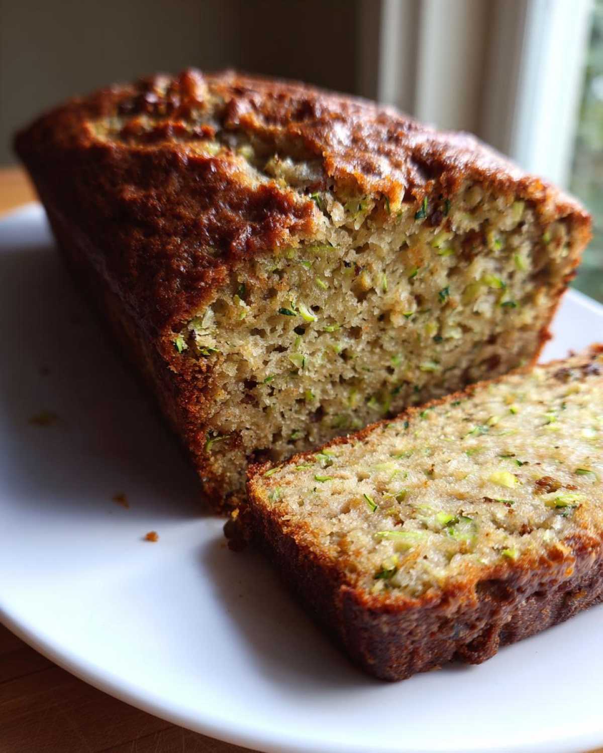 Close-up of a freshly baked zucchini banana bread loaf, with one thick slice cut and resting beside it, showing moist texture.