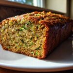 A freshly baked, moist zucchini banana bread loaf resting on a white plate, showing visible shreds of green zucchini.