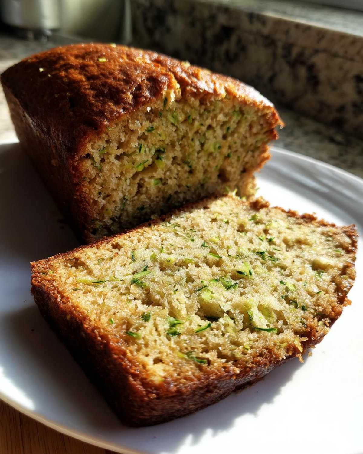 Close-up of a moist zucchini banana bread loaf with one slice cut and resting in front, showing visible green zucchini shreds.