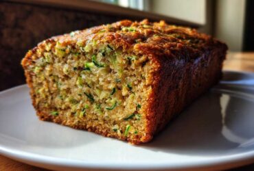 A freshly baked, moist zucchini banana bread loaf resting on a white plate, showing visible shreds of green zucchini.