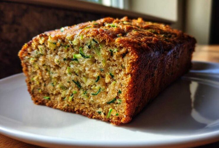 A freshly baked, moist zucchini banana bread loaf resting on a white plate, showing visible shreds of green zucchini.