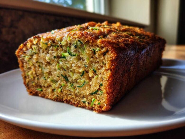 A freshly baked, moist zucchini banana bread loaf resting on a white plate, showing visible shreds of green zucchini.