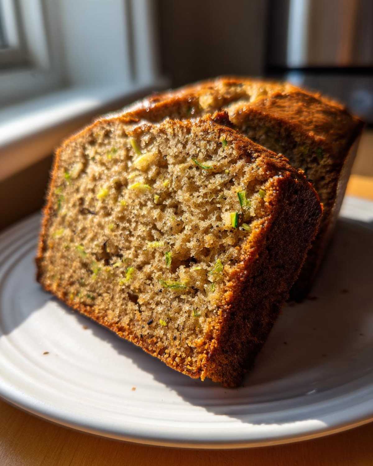 Close-up of a moist slice of zucchini banana bread showing flecks of green zucchini.