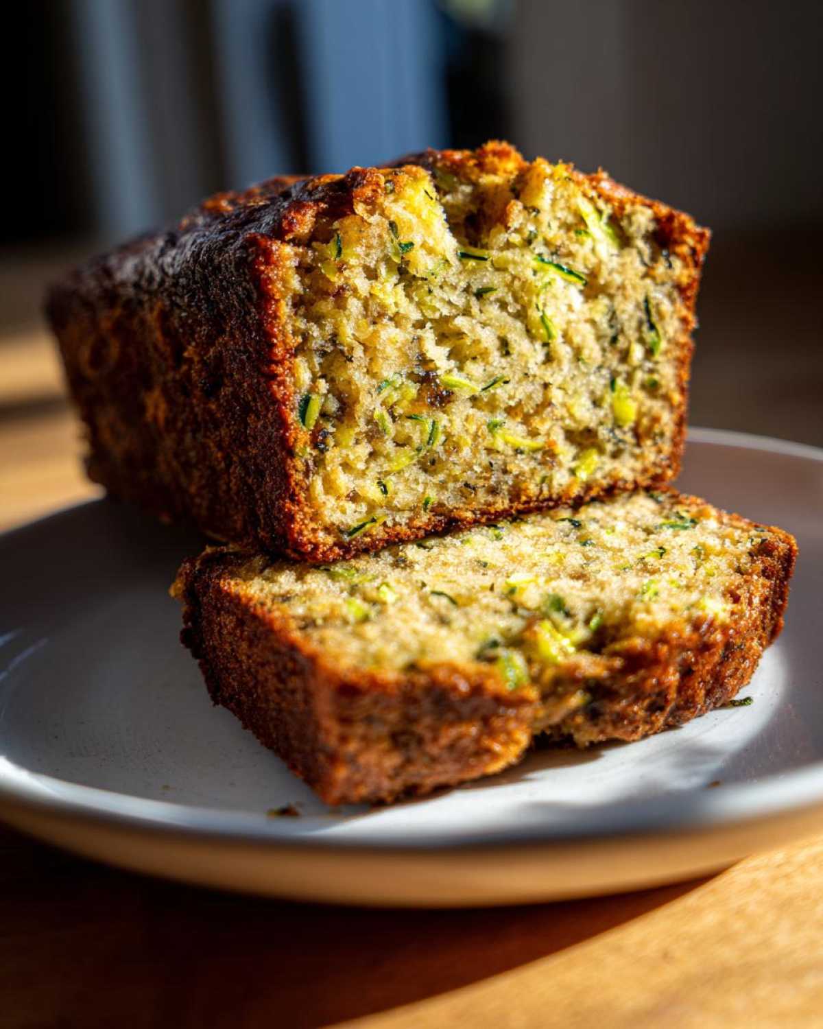 A loaf of moist zucchini banana bread, sliced to show the texture filled with shredded zucchini.