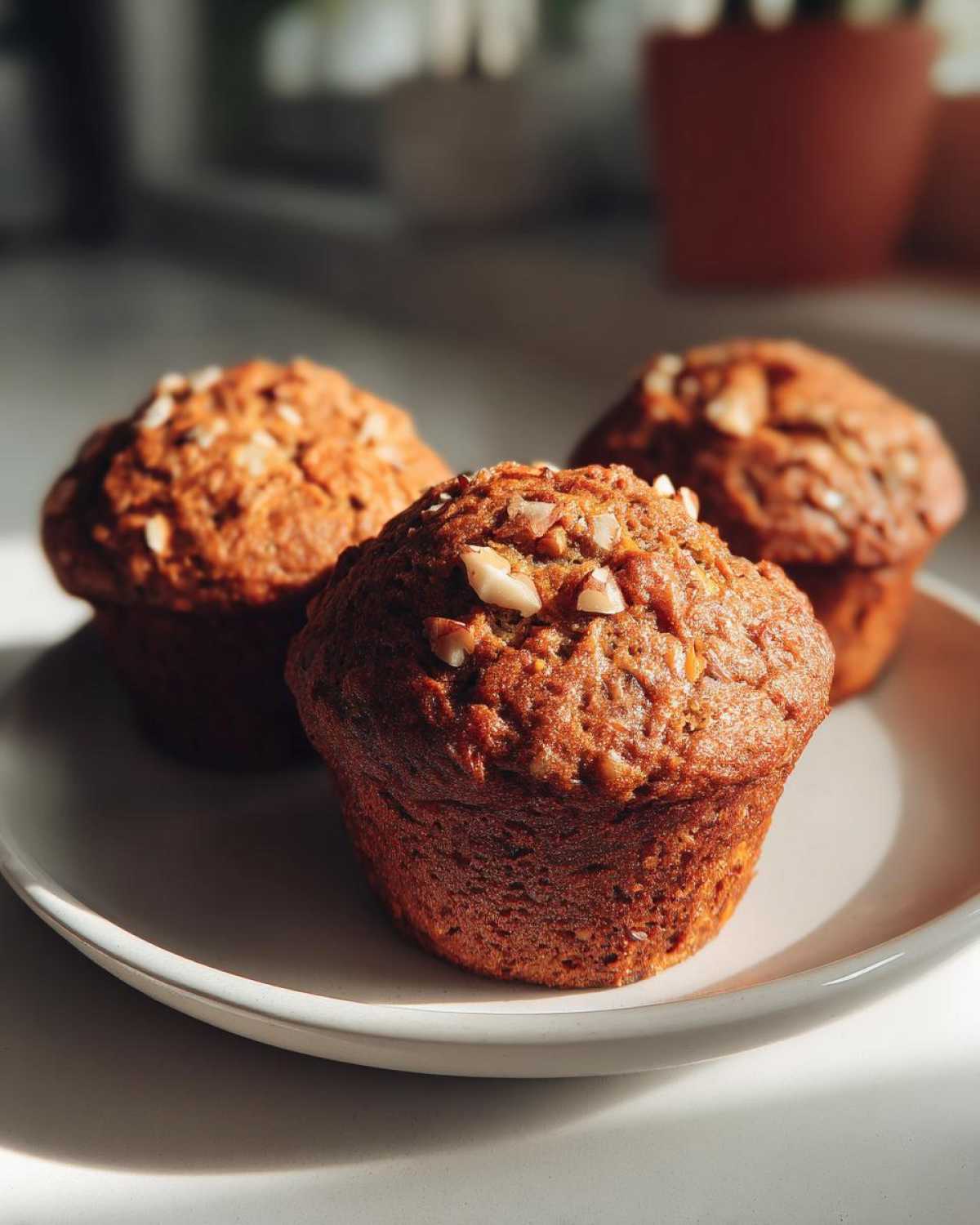 Three freshly baked morning glory muffins topped with chopped nuts, sitting on a white plate in warm sunlight.