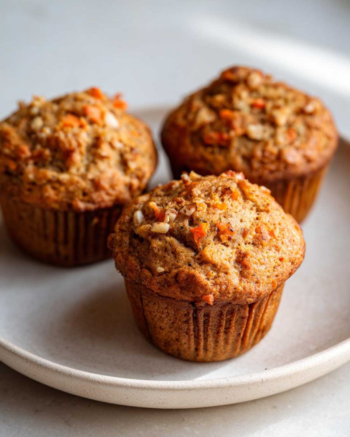 Close-up of three golden brown morning glory muffins topped with visible carrots and nuts, resting on a light ceramic plate.