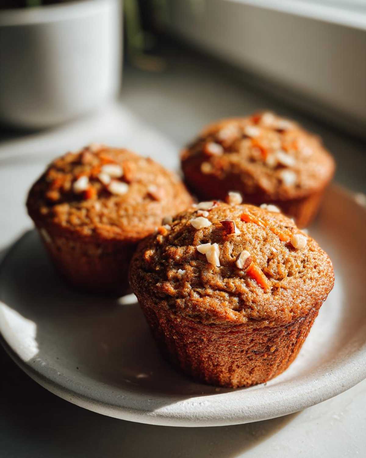Three freshly baked morning glory muffins topped with nuts and shredded carrots, sitting on a light-colored plate.