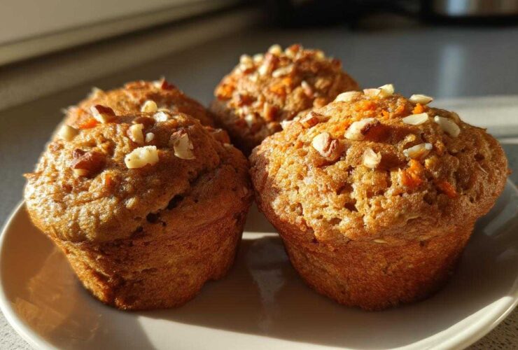 Three golden brown morning glory muffins topped with chopped nuts and visible shreds of carrot.