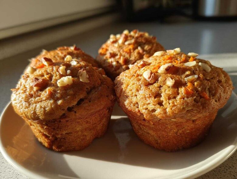 Three golden brown morning glory muffins topped with chopped nuts and visible shreds of carrot.