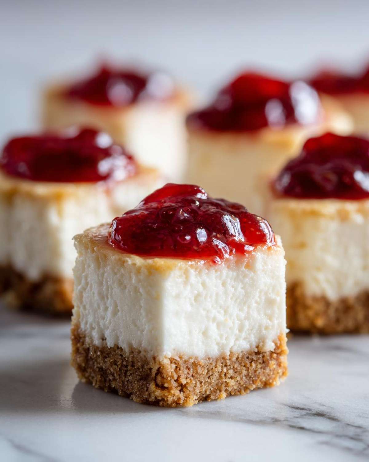 A close-up of one square no-bake cheesecake bites with a graham cracker crust and topped with red berry jam.