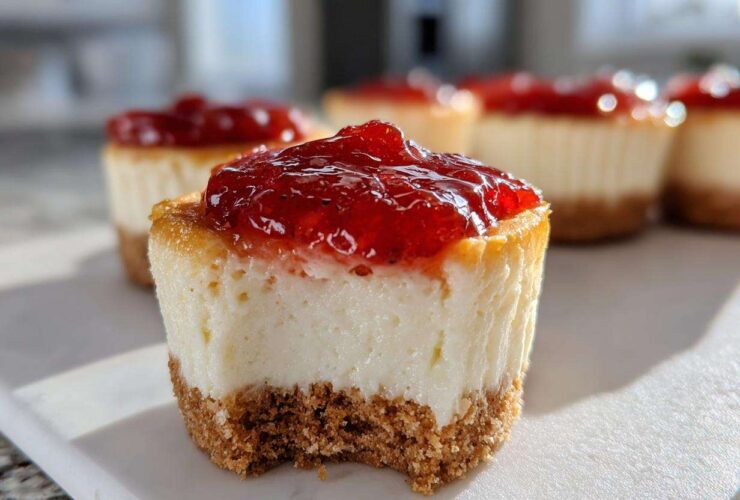 A close-up of a no-bake cheesecake bites cut in half showing the graham cracker crust, creamy filling, and strawberry topping.