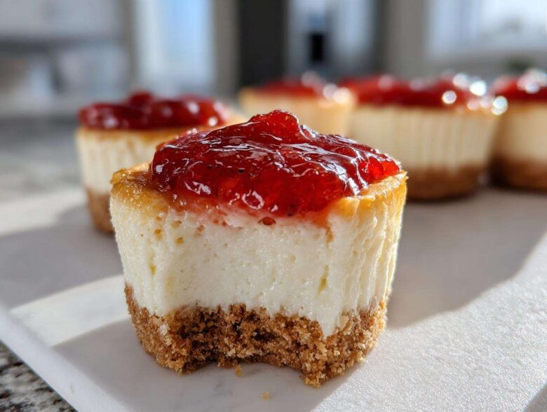 A close-up of a no-bake cheesecake bites cut in half showing the graham cracker crust, creamy filling, and strawberry topping.