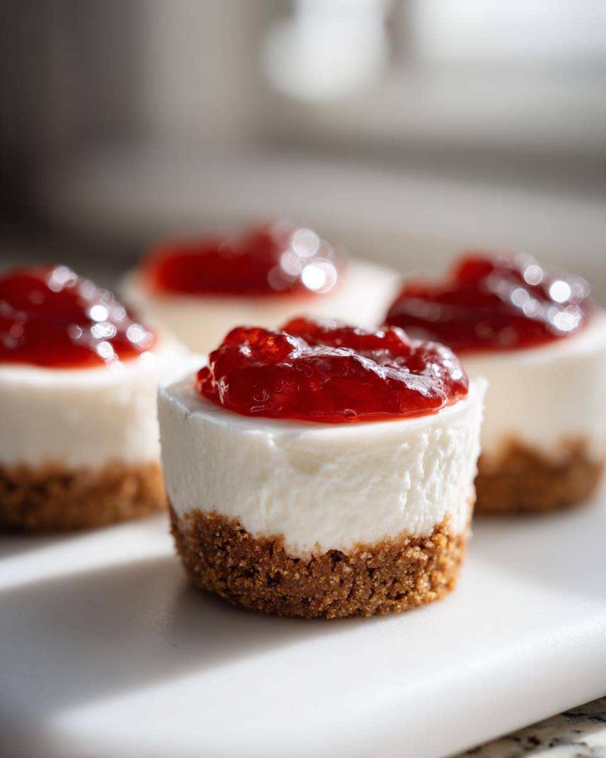 Four individual no-bake cheesecake bites featuring a graham cracker crust, creamy white filling, and bright red strawberry topping.