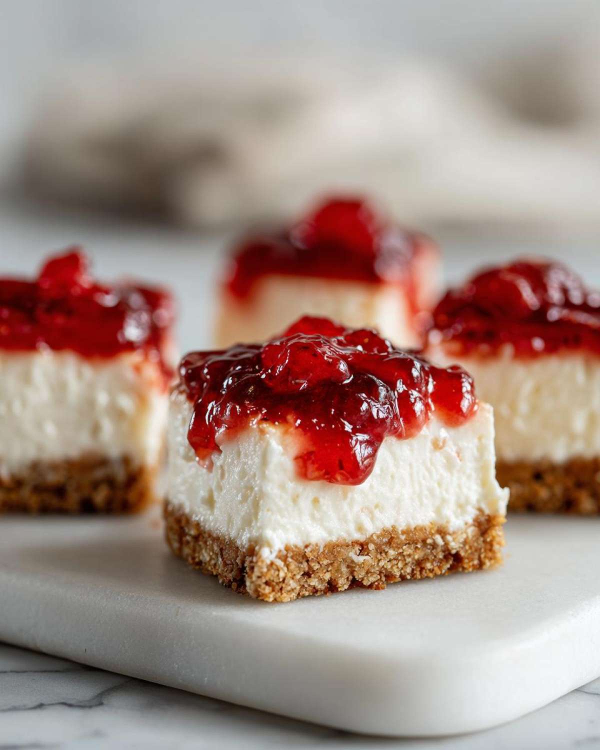 A close-up of one perfect square of no-bake cheesecake bites topped with glistening strawberry preserves.