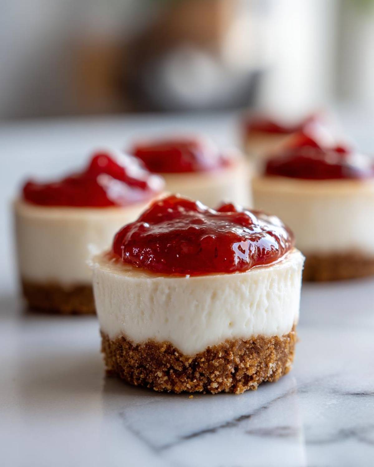 A close-up of one of the no-bake cheesecake bites showing a thick graham cracker crust and creamy filling topped with strawberry jam.