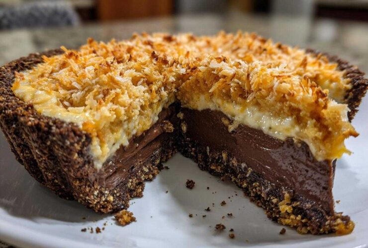 A slice removed from a no-bake german chocolate pie showing rich chocolate filling and toasted coconut topping.