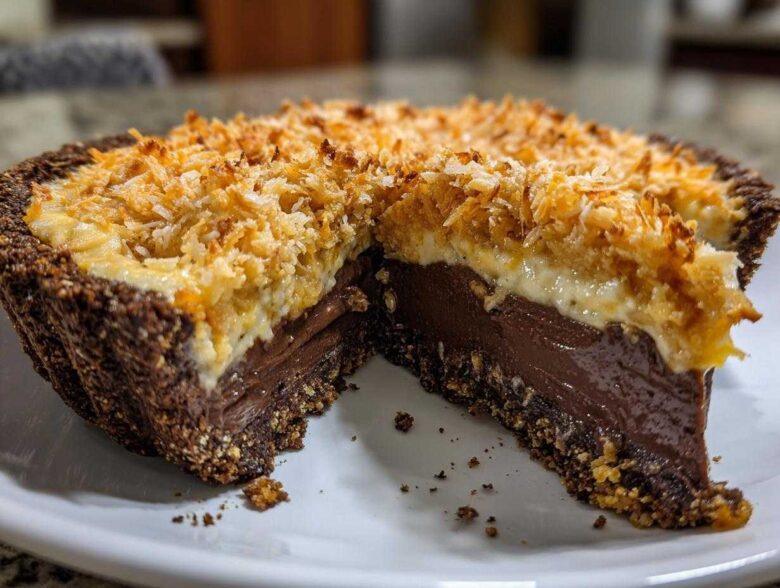 A slice removed from a no-bake german chocolate pie showing rich chocolate filling and toasted coconut topping.