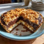 Cross-section of a rich no-bake german chocolate pie showing layers of crust, cream, chocolate filling, and toasted coconut topping.