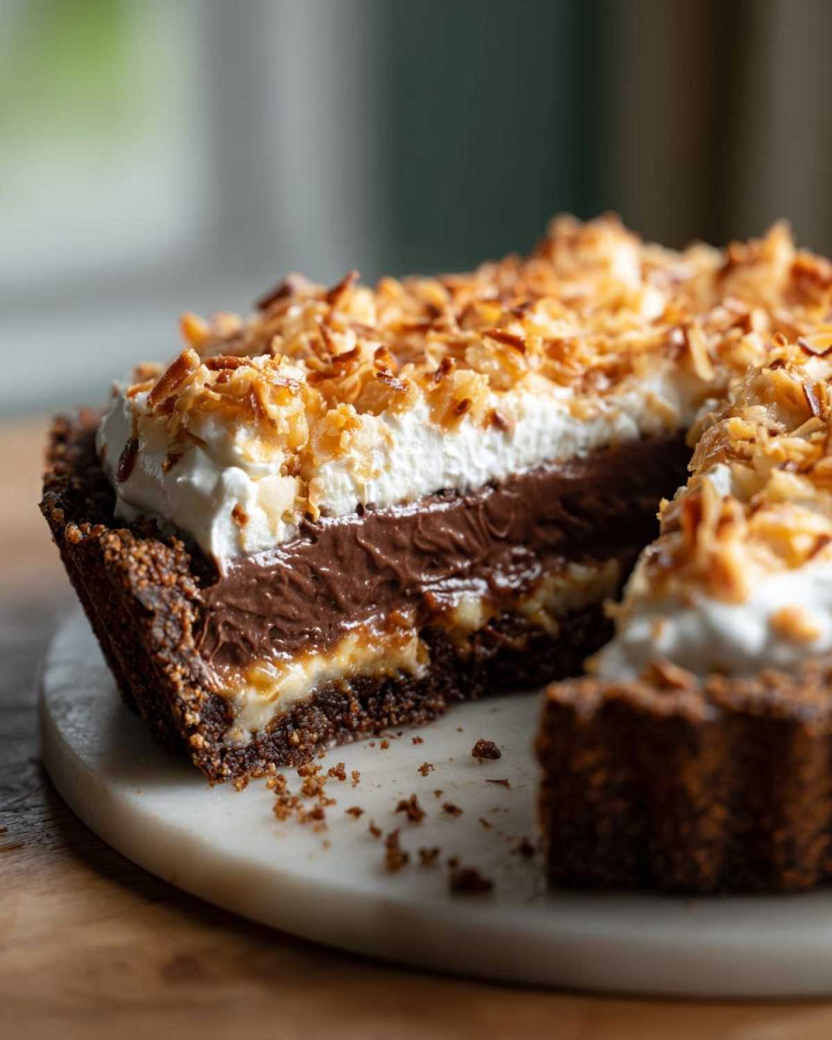 Cross-section view of a rich no-bake german chocolate pie showing chocolate filling, caramel layer, and toasted coconut topping.