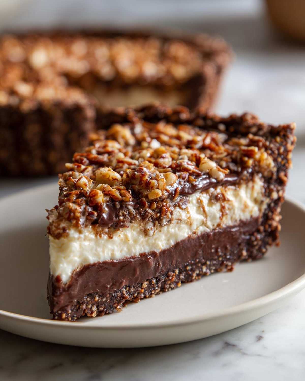 A thick slice of no-bake german chocolate pie showing chocolate, cream, and pecan topping layers.