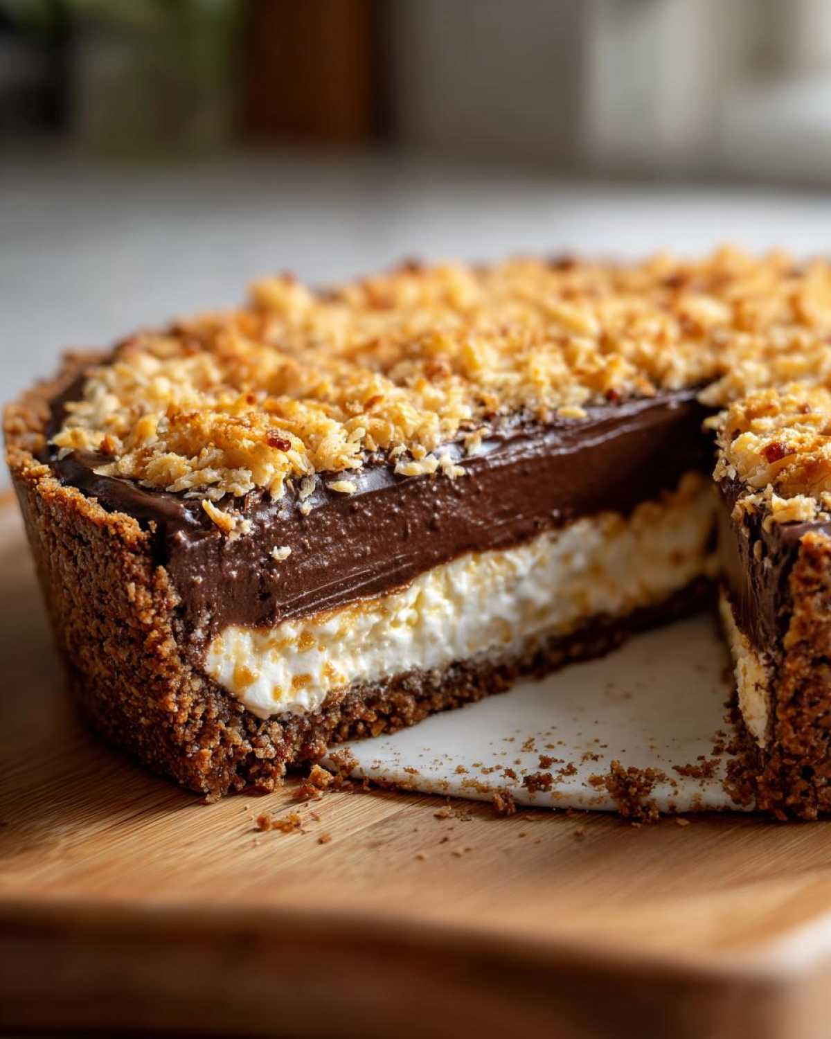 Close-up of a no-bake german chocolate pie showing layers of crust, white filling, chocolate ganache, and toasted coconut topping.