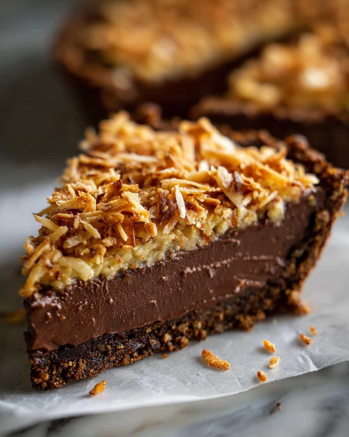 Close-up of a rich slice of no-bake german chocolate pie showing a dark chocolate filling and toasted coconut topping.