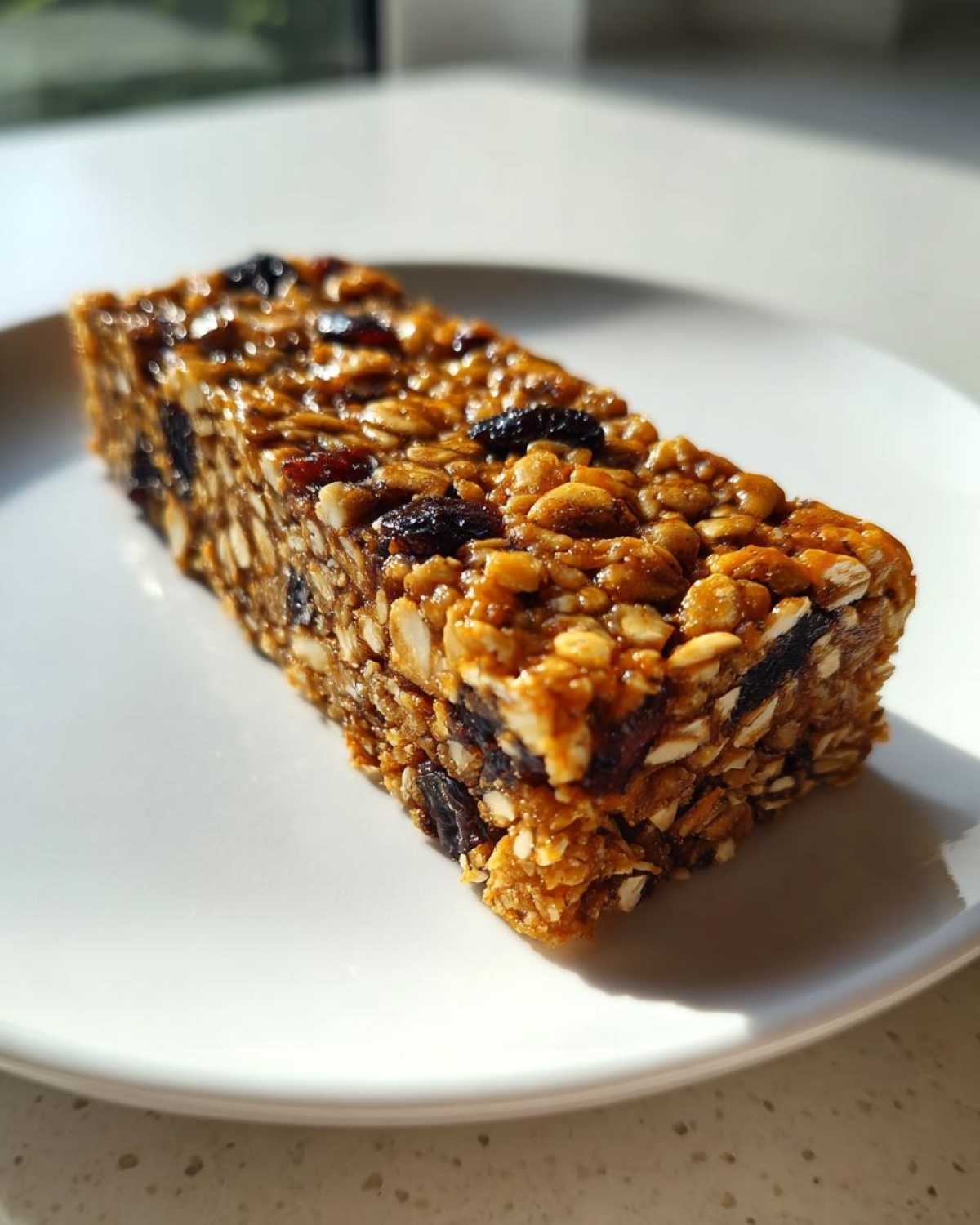 A close-up, sunlit view of a single, thick no bake granola bar packed with oats, nuts, and dark raisins.