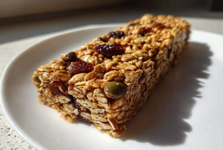 A single, rectangular no bake granola bars made with oats, visible dried cranberries, and pumpkin seeds, sitting on a white plate.